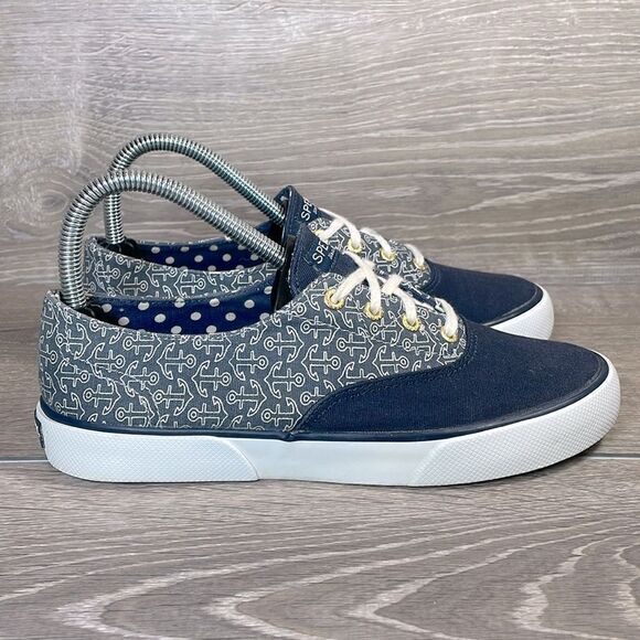 Sperry Top Sider Seacoast Women’s Sz 7M Blue Canvas Nautical Anchors Low Sneaker - Picture 1 of 10